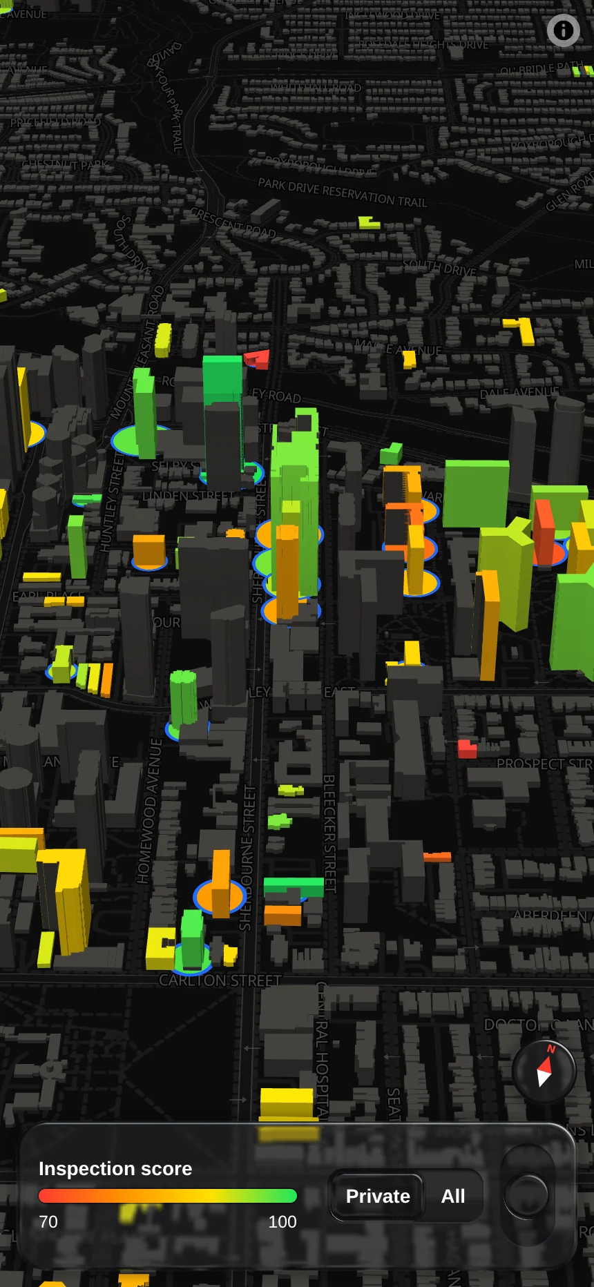 Apartments on a phone: a 3D map of a Toronto neighbourhood with apartment towers coloured from red to green