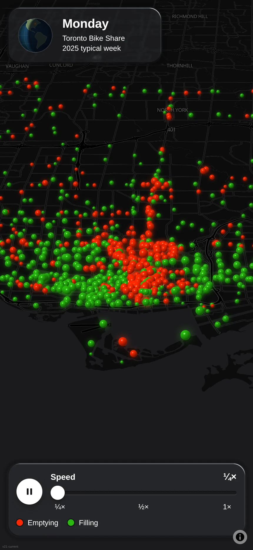 Pulse on a phone: a dark map of Toronto covered in red and green spheres, one for each bike share station