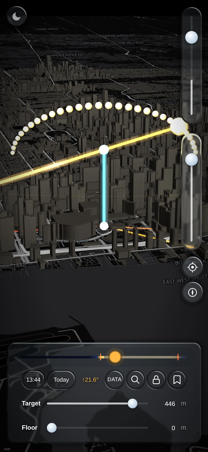 Soluna on a phone: a 3D map of downtown Toronto with the sun's path drawn as an arc over the city