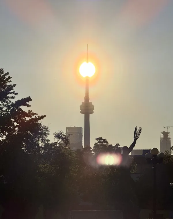 The morning sun sitting exactly on the tip of the CN Tower's spire, seen over trees