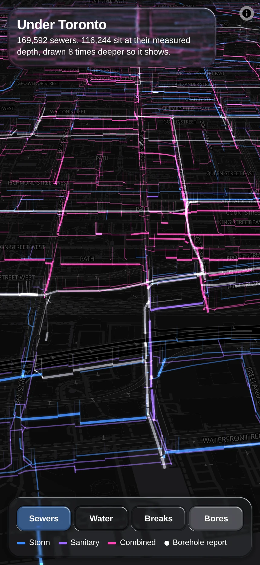 Under Toronto on a phone: downtown from above with glowing lines under the streets, sewers in blue, violet and pink